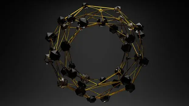 3D abstract geometric structure with gold lines and black polygons on a dark background.